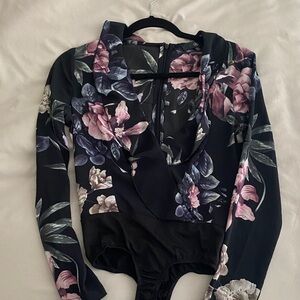 PrettyLittleThing Black Floral Bodysuit